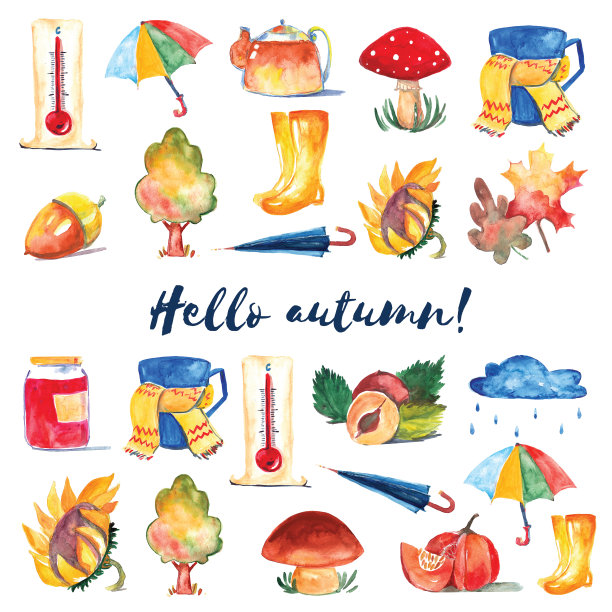 一套水彩图标你好秋季季节性销售图片下载