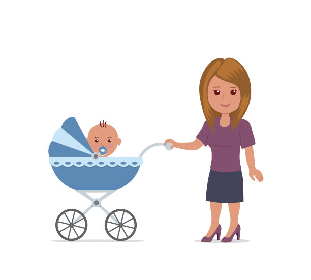 母亲和孩子在婴儿车里。图片下载