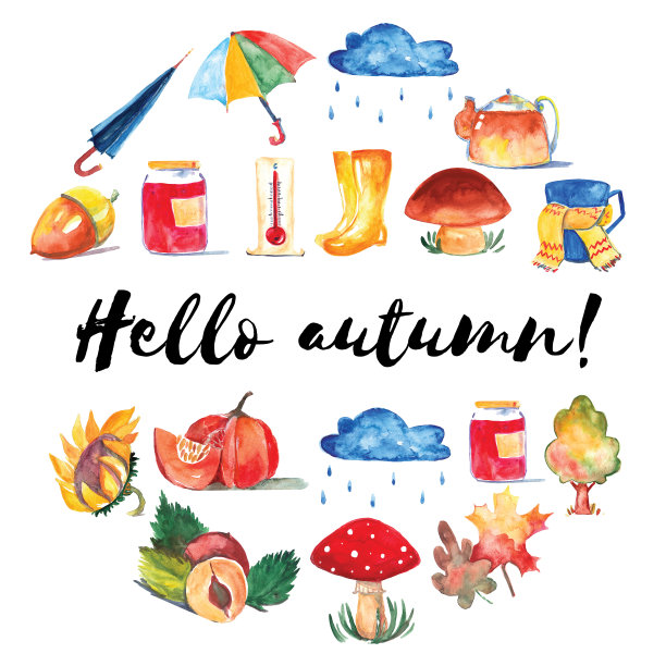 一套水彩图标你好秋季季节性销售图片下载
