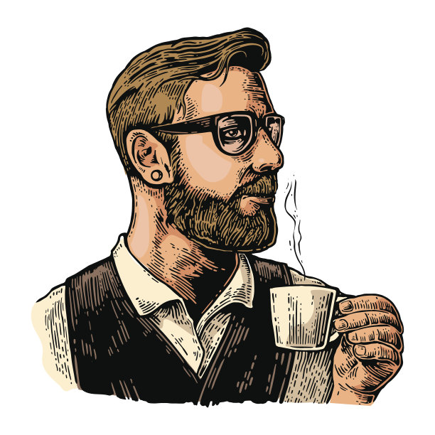 留着胡子的嬉皮士咖啡师，端着一杯咖啡。图片下载