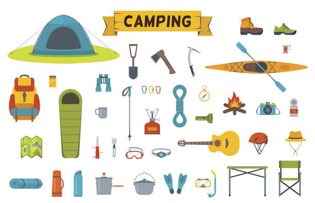 远足设备和齿轮图标收集。图片下载