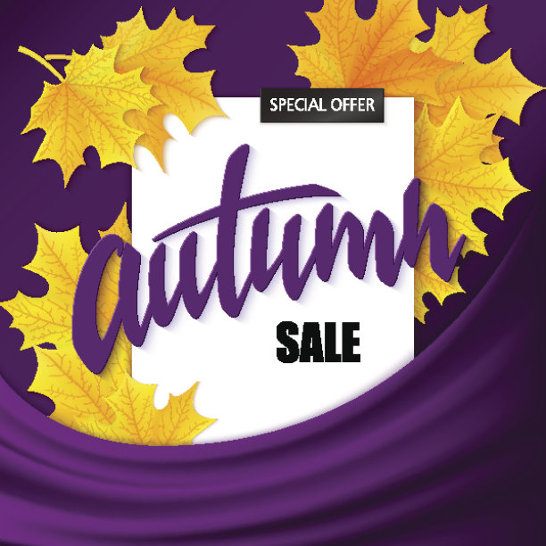 秋季字母销售标签与树叶在丝绸织物的背景图片下载