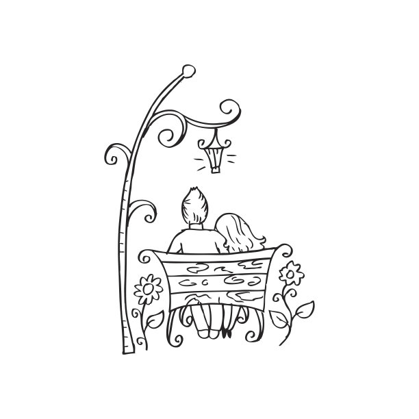 一对浪漫的情侣坐在长椅上。手绘插图图片下载