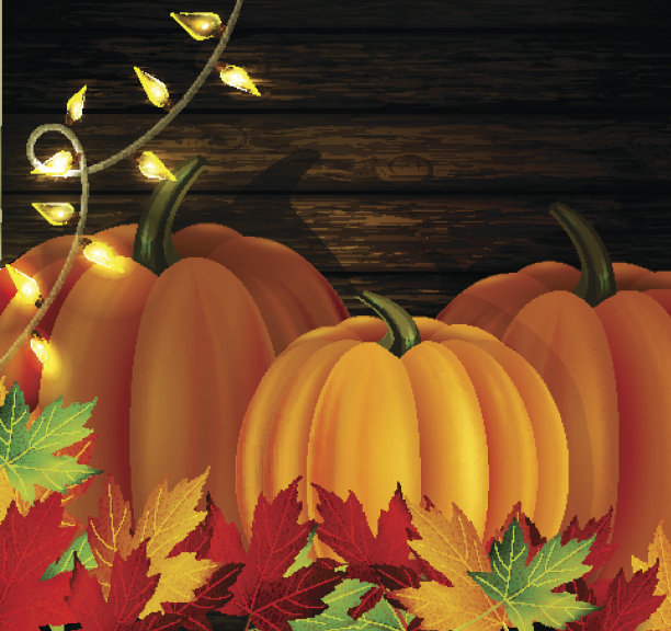 秋天的叶子和南瓜上的木质纹理图片下载