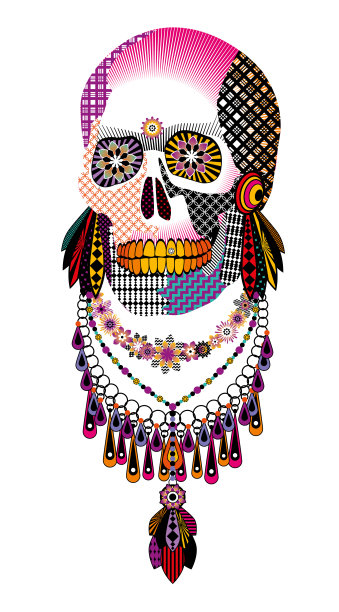 红色，粉色和紫色的风格化头骨。图片下载