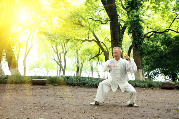 一个亚裔老人穿着白色衣服在户外运动图片下载