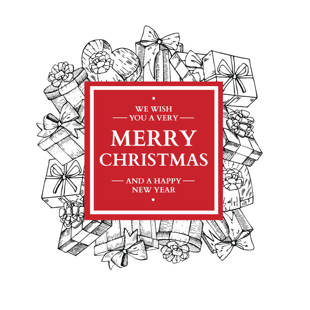 圣诞礼物盒和蝴蝶结相框。手绘图片下载