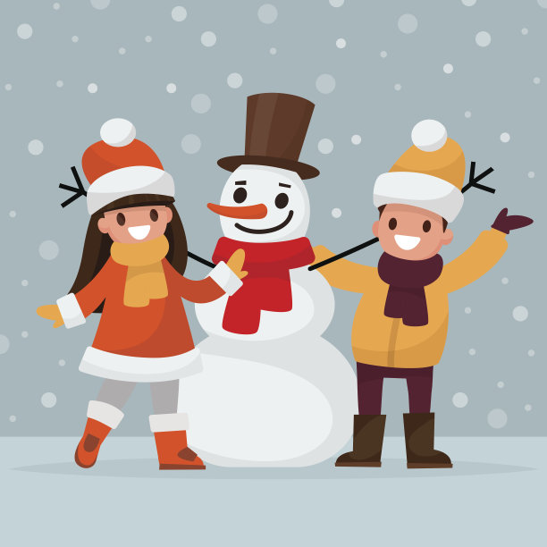 孩子们堆雪人。平面设计的矢量插图图片下载