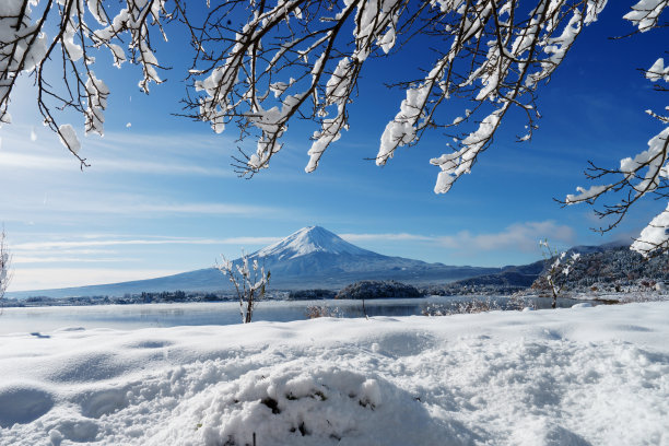 富士山背景，川口子湖的日出图片下载