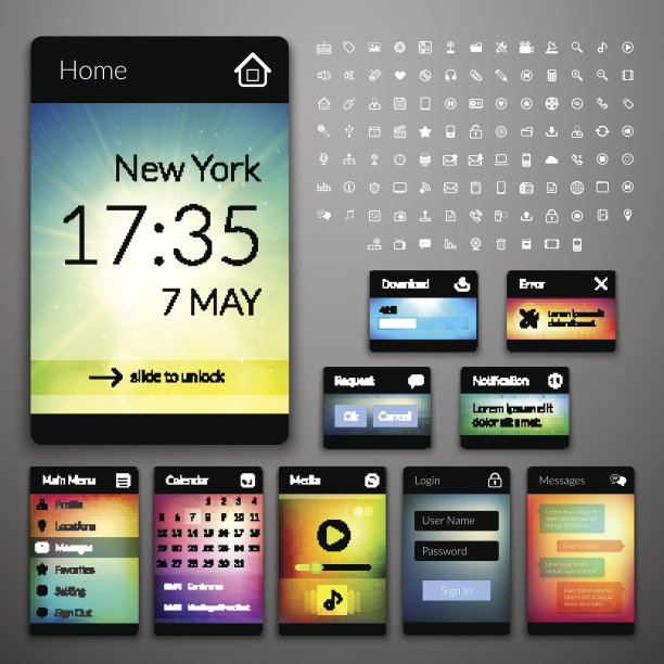移动界面元素与彩色壁纸和图标设置图片下载