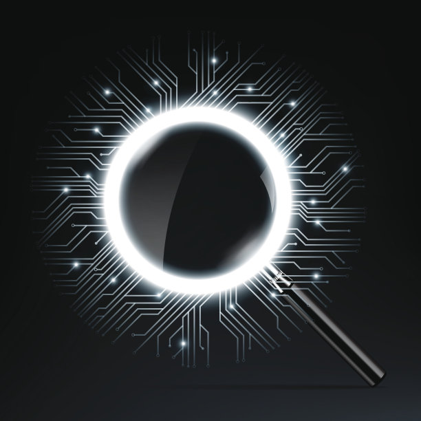 放大镜矢量图及微芯片设计，蓝色发光电路图片下载