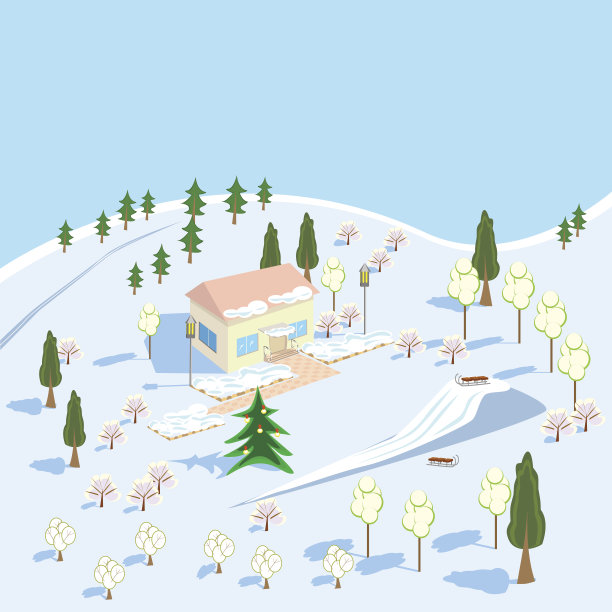 有房子和滑雪滑梯的冬季景观图片下载