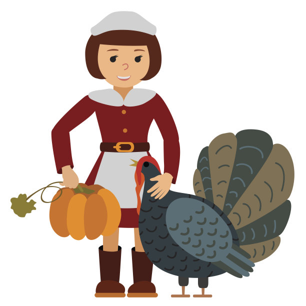 矢量插图女孩抱着火鸡南瓜孤立白色背景图片下载