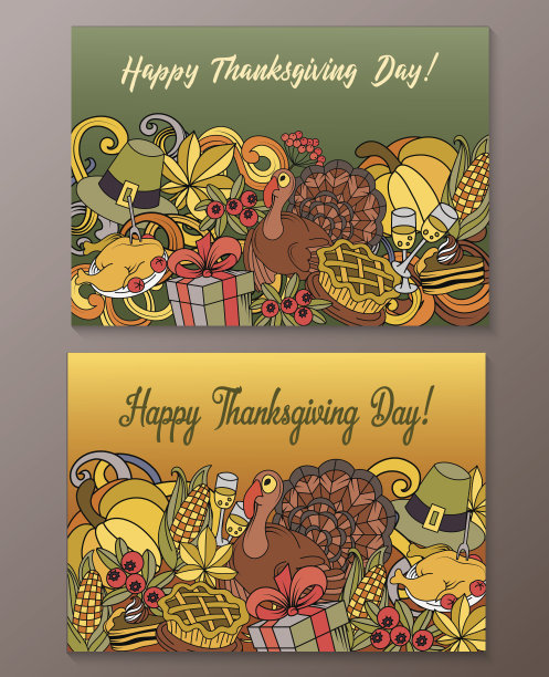 卡通矢量手绘涂鸦感恩节快乐卡片。图片下载