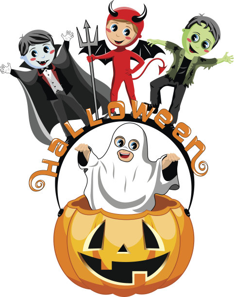 快乐的孩子装扮万圣节南瓜桶孤立图片下载