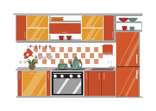 厨房内部矢量插图。卡通平的风格图片下载