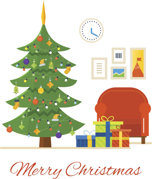 新年气氛，圣诞树装饰，花环，礼物。图片下载