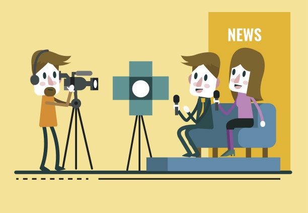 记者采访，记者和采访者在演播室进行采访。图片下载