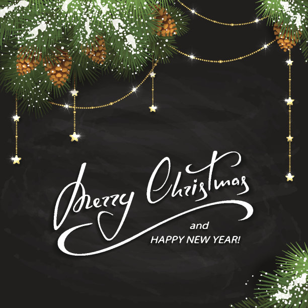 黑色黑板背面的圣诞装饰和金色星星图片下载