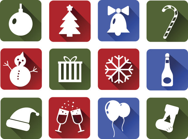 一套圣诞向量图标白色。平坦，阴影长。图片下载