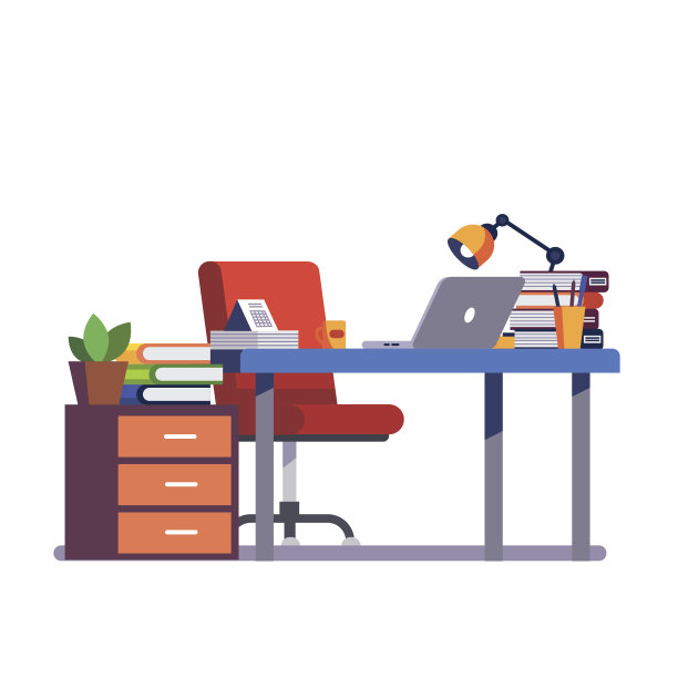 办公桌，椅子，电脑和铅笔杯图片下载