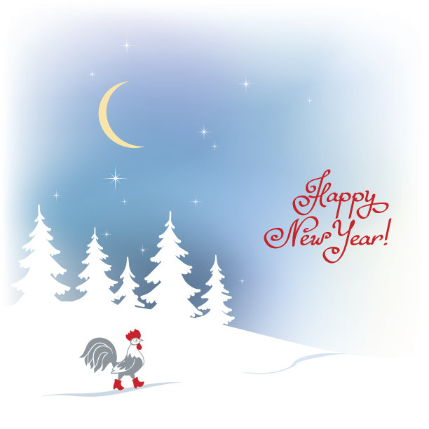 公鸡走在一个下雪的冬天的魔法森林。图片下载