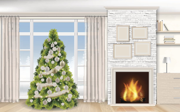 圣诞节现代室内有壁炉和冷杉树图片下载