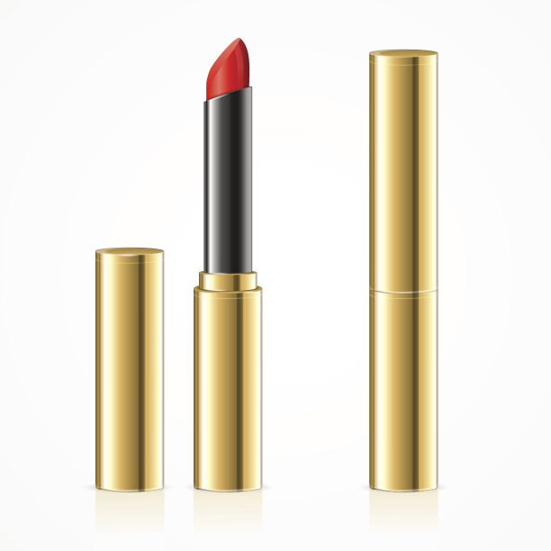 红色口红在黄金金属管组。向量图片下载