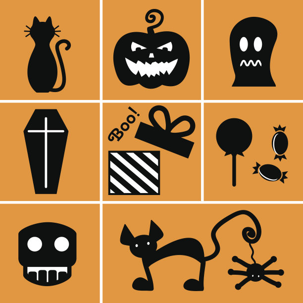 一组黑色图标为万圣节在橙色的背景图片下载