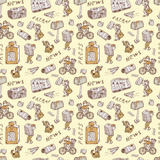 出版社。报纸。无缝图案:邮差、报童、自动售报机、邮筒图片下载