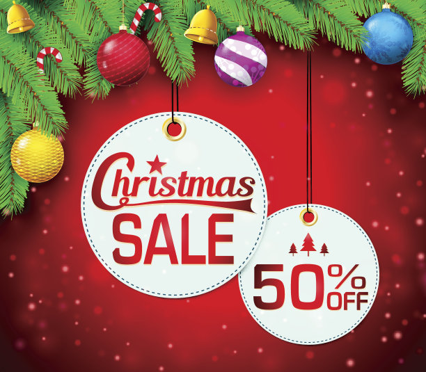 圣诞销售圆形标签在闪闪发光的红色背景图片下载