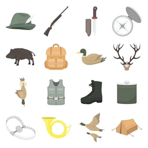 狩猎设置图标在卡通风格。狩猎大收集图片下载
