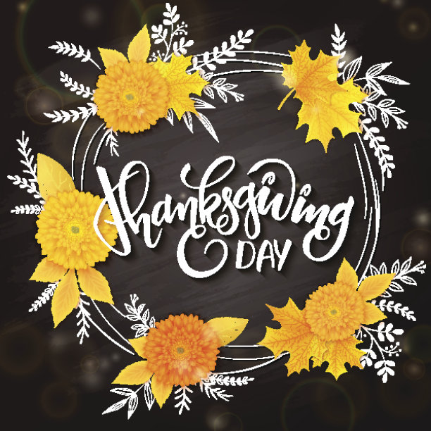 感恩节问候信与框架，菊花花束和涂鸦树枝图片下载