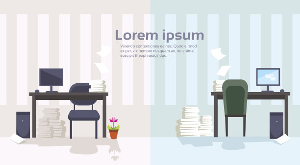 现代办公室室内工作场所空椅子书桌堆叠的文件图片下载