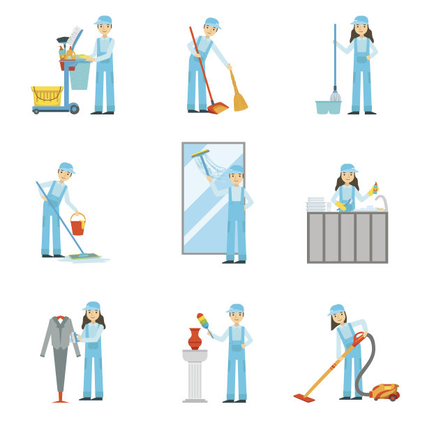 工人提供清洁服务在蓝色制服套插图图片下载