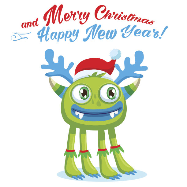 很适合圣诞卡，班纳。绿色圣诞怪物矢量卡。图片下载