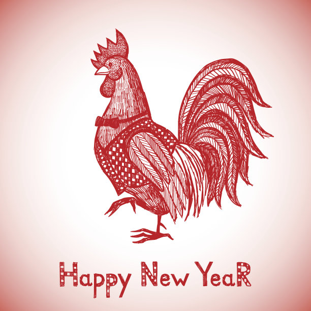 新年贺年卡与红公鸡。图片下载