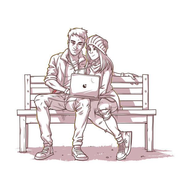 一对年轻夫妇坐在长椅上听音乐图片下载