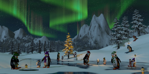 圣诞期间北极光下的企鹅，3d渲染图片下载