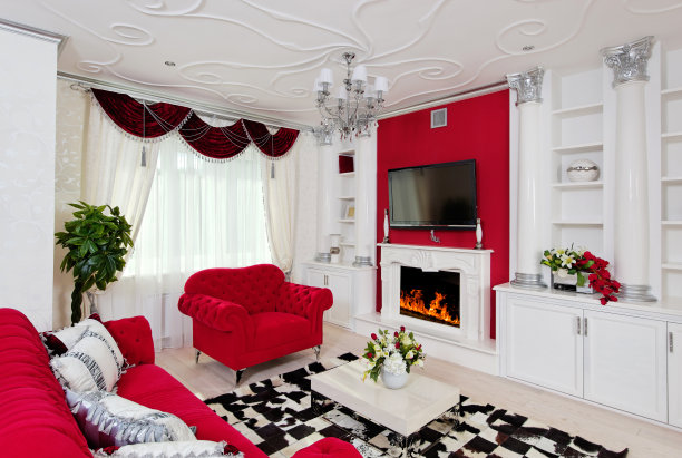 经典的客厅内部白色和红色的颜色图片下载