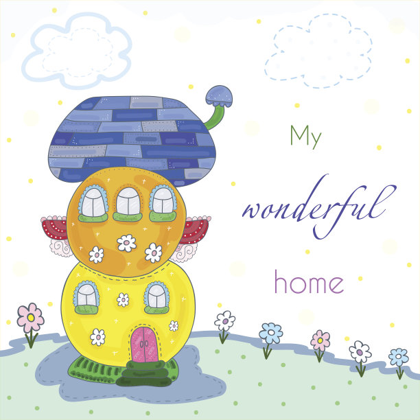 草地上五彩缤纷的仙屋。样本漫画向量插图。图片下载