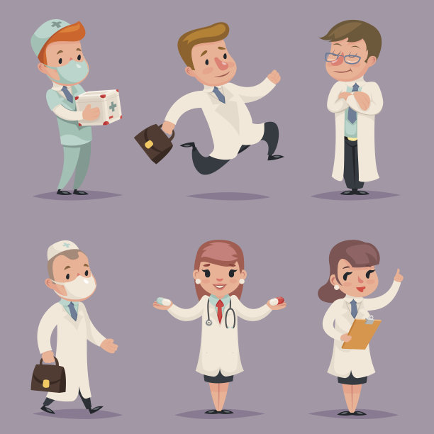 医生不同的位置和动作角色图标设置医疗复古图片下载