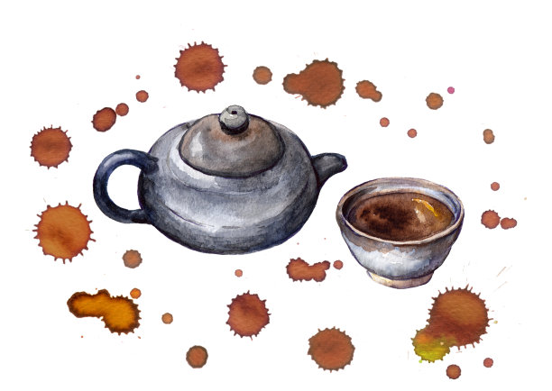 传统亚洲茶具-茶壶，杯在滴。水彩图片下载