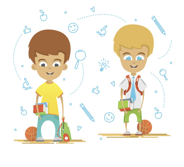 角色设计。快乐的学生们拿着公文包回到学校图片下载