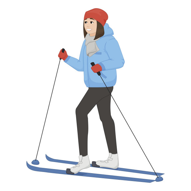 这个年轻的动画女孩在滑雪。冬季运动。矢量图图片下载