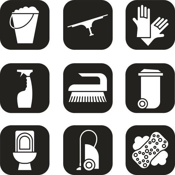 清洁项目和工具图标设置。垃圾桶，水桶，吸尘器图片下载
