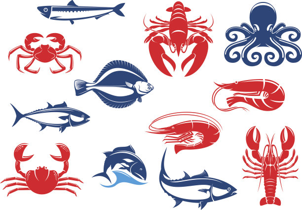 海鲜图标设置与鱼和甲壳类图片下载