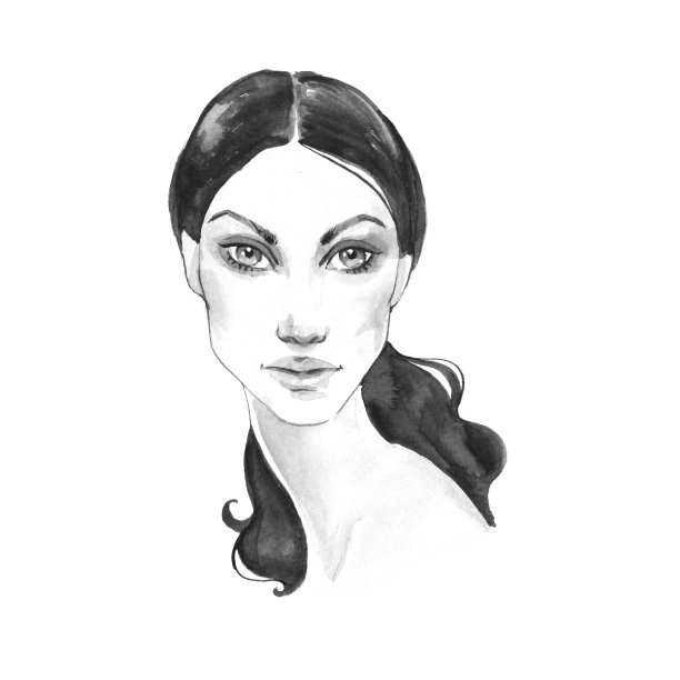 黑白时尚小品。水彩女性面部图片下载