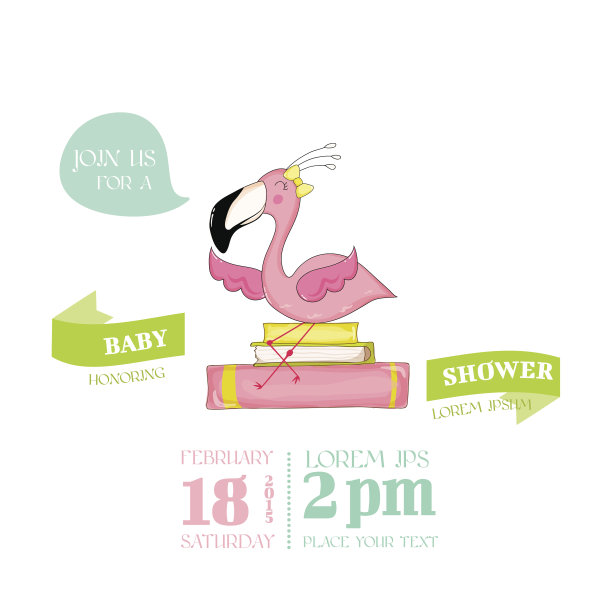 婴儿沐浴卡婴儿火烈鸟女孩坐在书上图片下载