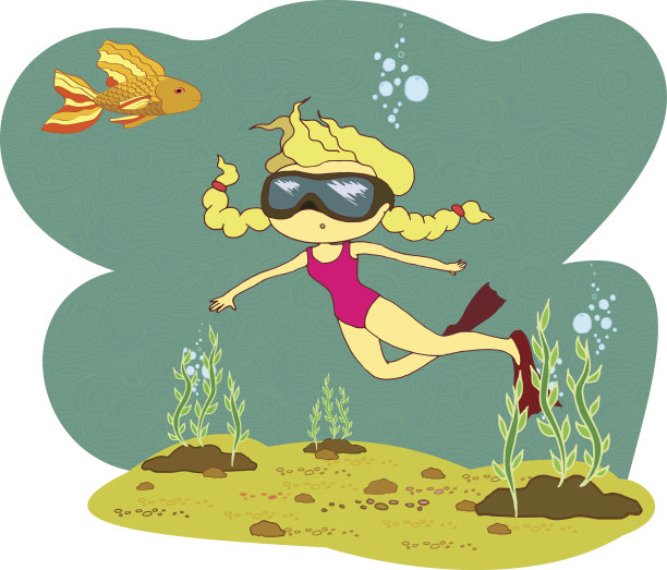 女孩与金鱼潜水插画图片下载